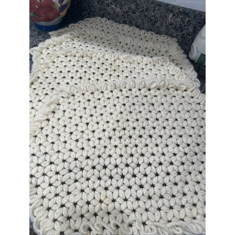Vintage Placemats yarn crochet kitchen(4 total) Brown and Beige handmade Thick